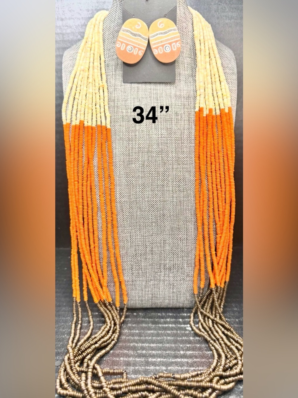 197. Handmade Orange and Cream Beaded Fringe Necklace